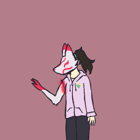 a person wearing a kitsune mask and looking as their arm shifts to have white and red fur, eerily similar to the mask's colors~