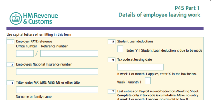 HM Revenue & Customs P45 form - Details of employee leaving work
