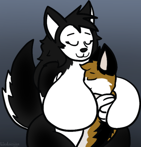 busty husky holding and hugging a small catseal