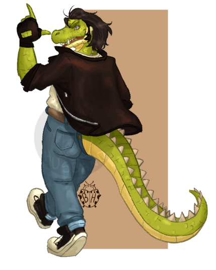 a gator anthro guy wearing a greaser outfit is walking away from the viewer. he has his hand raised in a finger gun as he looks back at the viewer, grinning