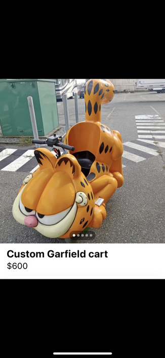 A mobility scooter that looks like Garfield for sale on Facebook marketplace for $600.
