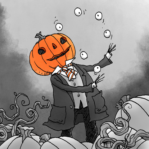 A pumpkin headed man juggling eyeballs