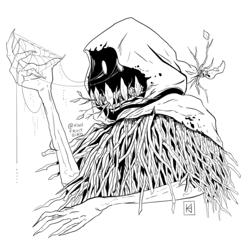 black and white illustration of a hooded figure with skeletal arms, pulling spider webs from his eyes, wearing a cloak of hay