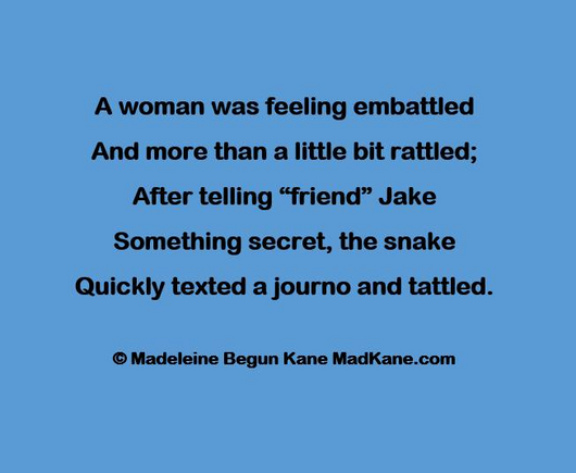 A woman was feeling embattled     
And more than a little bit rattled;       
After telling “friend” Jake        
Something secret, the snake     
Quickly texted a journo and tattled.    

© Madeleine Begun Kane MadKane.com