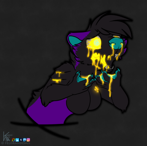 digital art of an otter character looking terrified as they transmogrify into a hallow monster, their eyes and mouth glowing yellow as glowing goo dribbles out.