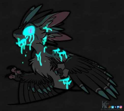 digital art of an avali character turned hallow monster, cyan colored goo leaking from their eyes, ears, mouths, and various cuts on their body