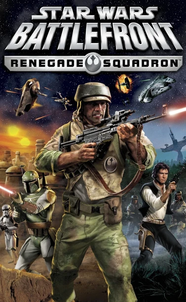 Star Wars Battlefront: Renegade Squadron

A rebel soldier with his blaster in handing shoot to the right, flanked by Boba Fett (and stormtroopers) left, Han Solo (and rebel soldiers) right, with the Slave I above being shot by an xwing (upper left) and Millennium Falcon (upper right) being shot at by TIE fighters