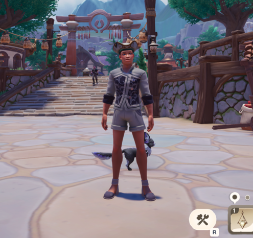 A screenshot of my character in Palia. He is wearing a white tri-point sailor's hat with gold trim, along with a white and blue jacket, shorts, and sandals.
