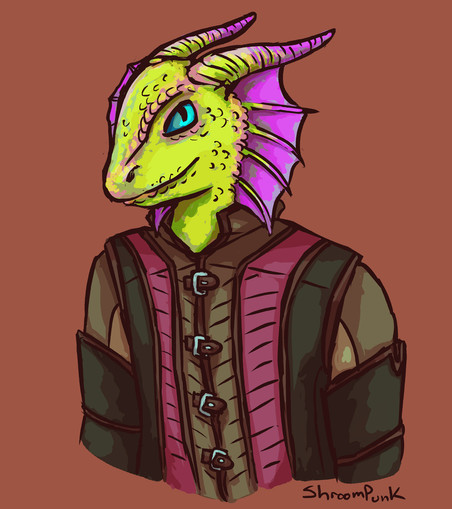 Digital bust illustration of a dragonborn character with primarily green skin, and purple frills and horns. He's wearing elaborate leather armor with red accents.