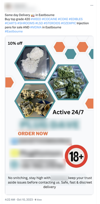 Screen grab of a post on X advertising the sale of "weed," "cocaine," "edibles," "carts," "shrooms," "L.S.D.," "steroids," and Ozempic.