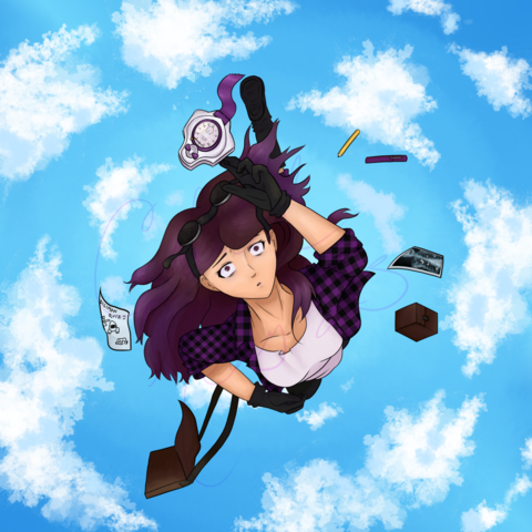 DigiTamerRiley falling through the sky, the camera looking directly down on her from above as she reaches for the digivice above her head. Her satchel has fallen off and all her pens and papers and deck box have fallen out.

Riley is a pale girl with long brown hair and purple tips. She's wearing black goggles and gloves. She's wearing a lilac shirt with a long sleeved purple flannel shirt over it.