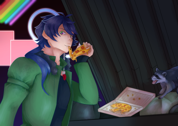 Dice Arisugawa eating pizza out of the dumpster while a racoon screams at him. There are faded neon lights behind him.

Dice has pale skin and a blue mullet that runs down to his chest. He has pink and green eyes. He has a strand of beads in his hair with a dice on the end. He's wearing a dark shirt under a long green jacket.
