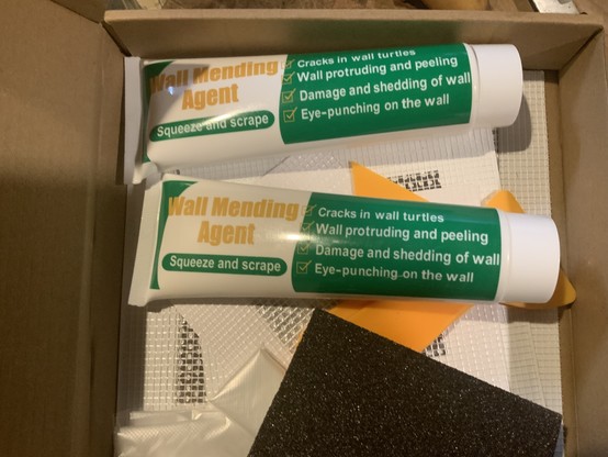 Photo of Sheetrock repair kit, which features a mysterious typo about wall turtles.
