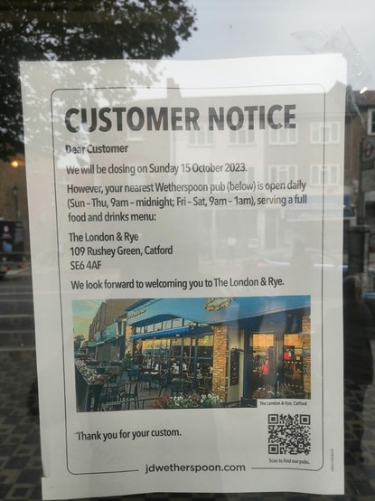 Customer notice announcing closure