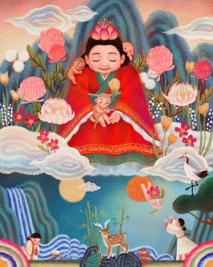 Samshin, Korean goddess of birth, is sending babies out to the world and into the arms of expecting mothers. Babies carry flowers of life from the garden of her mansion.