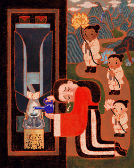 Baridegi, Korean goddess of death, is shedding tears over her king father’s coffin. Her three sons are standing by, holding the elixir and the flowers of life she brought back from her long quest in order to save the king’s life.
