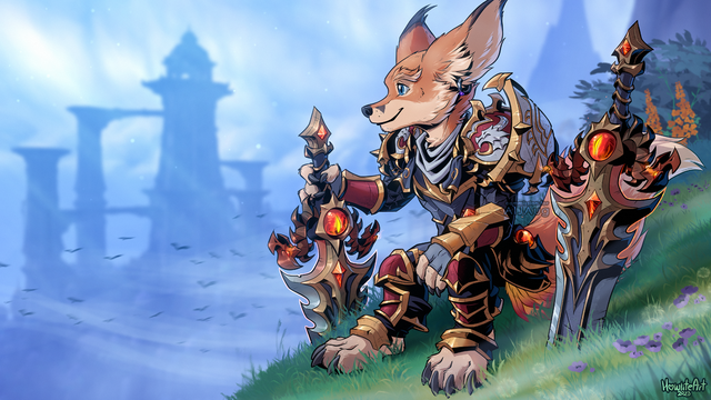 Digital art of a male vulpera (fox anthro) in plate armor sitting in a relaxed position on a grassy hill, his two large swords embedded in the earth beside him. One hand rests on the hilt of a sword while he looks into the distance with a serene expression.