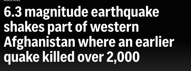 6.3 magnitude earthquake shakes part of western Afghanistan where an earlier quake killed over 2,000