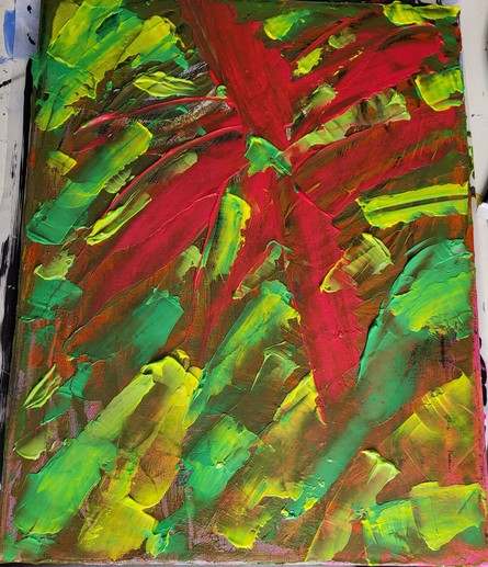 A painting using acrylics, impasto gel, and pallete knives. Background is shades of green, orange, red, and has a large pink Lily-like flower in the middle. Abstract style.