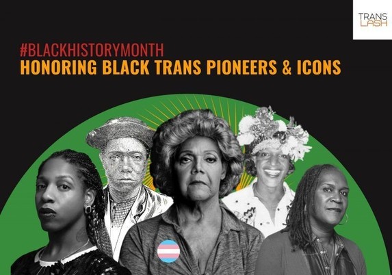 Text says #BlackHistoryMonth Honoring Black Trans Pioneers and Icons. Image shows: CeCe McDonald (1989-present), Frances Thompson (1840-1876), Miss Major (1940-present), Marsha P. Johnson (1945-1992), and Andrea Jenkins (1961-present)