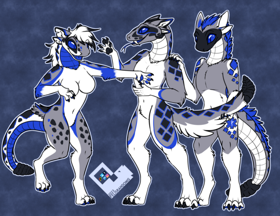 digital art of three characters turned into Night Stalkers (coyote rattlesnake hybrids) looking interested at their change