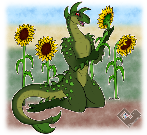 digital art of a Hork-Bajir character (species from the book series Animorphs) sitting on her knees happily holding and surrounded by some Sunflowers