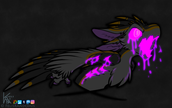 digital art of an Avali character, transformed into a hallow monster, bright purple glowing goo oozing from eyes, mouth, and several bodily cuts