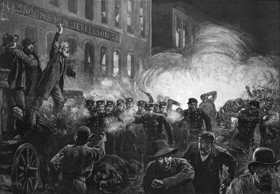 This 1886 engraving was the most widely reproduced image of the Haymarket massacre. It shows Methodist pastor Samuel Fielden speaking, the bomb exploding, and the riot beginning simultaneously; in reality, Fielden had finished speaking before the explosion. By Harper&#039;s Weekly - http://www.chicagohs.org/hadc/visuals/59V0460v.jpg, Public Domain, https://commons.wikimedia.org/w/index.php?curid=3424664