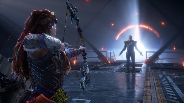 Aloy aiming her bow at a male stranger who's claiming he's gonna snap her neck...
