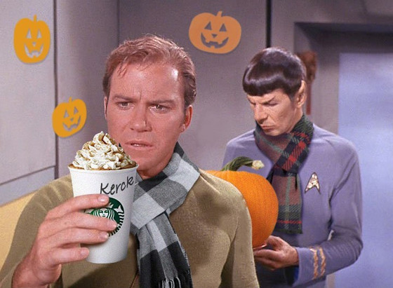 Captain James T Kirk looks at pumpkin spice latte from Starbucks. His name is spelled Kerck on the cup. Spock looks at a pumpkin in the background