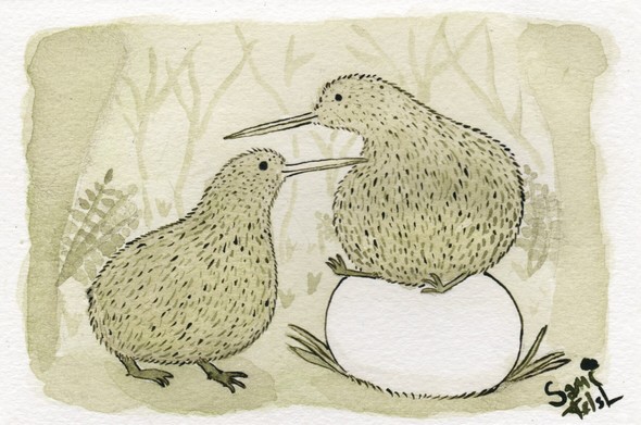 An ink painting of two kiwi birds with a kiwi egg. One bird is sitting precariously atop the egg to keep it warm while it incubates, and the other is looking on lovingly.