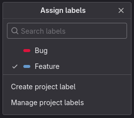 A drop-down menu to assign a label to a git repo. It contains two items, "Bug" and "Feature"