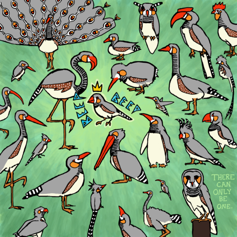 A bunch of different types of birds all patterned like a zebra finch. In the middle is an actual zebra finch with a crown, saying "Beep Beep." In the lower right, a barn owl is saying "There can only be one"