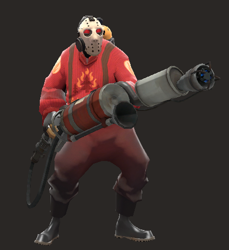 A screenshot of a person's cosmetics on the character Pyro from Team Fortress 2. Pyro is wearing a red sweater, a Jason Voorhees-esque mask and glowing red eyes.