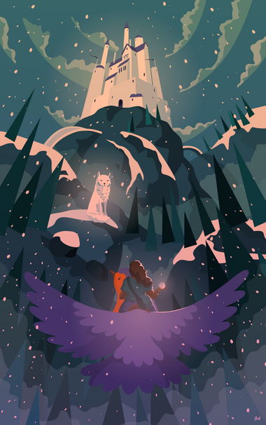 Illustration of a mountain scene with a castle on the top of said mountain, a white wolf guarding it and a person a glowing crystal orb in their hand riding a giant robin (the bird) flying towards it. It's snowing and there are weirdly abstract fir trees on the mountain.