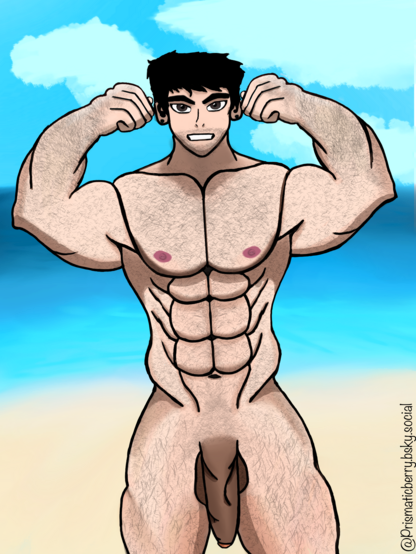 Drawing of a semi-hairy man at the beach naked