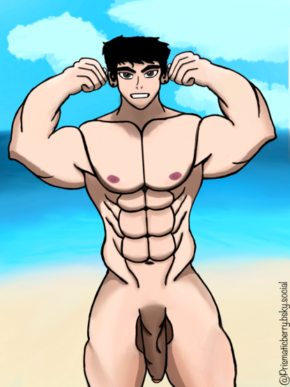 Drawing of a man flexing at the beach naked