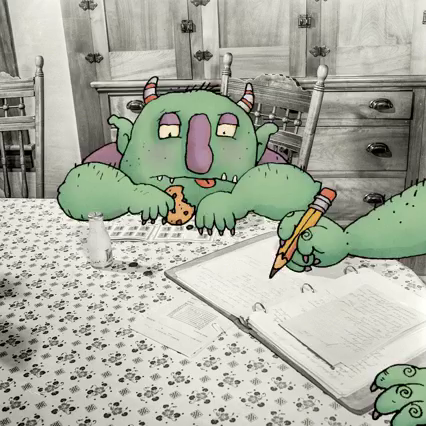 A monster kid nibbles a cookie while getting homework checked