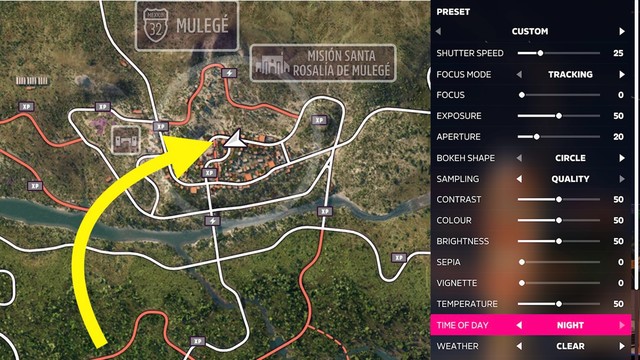 A map section of Forza Horizon 5, indicating where to find the location required for the challenge, as well as a screenshot of the required photo setting.
