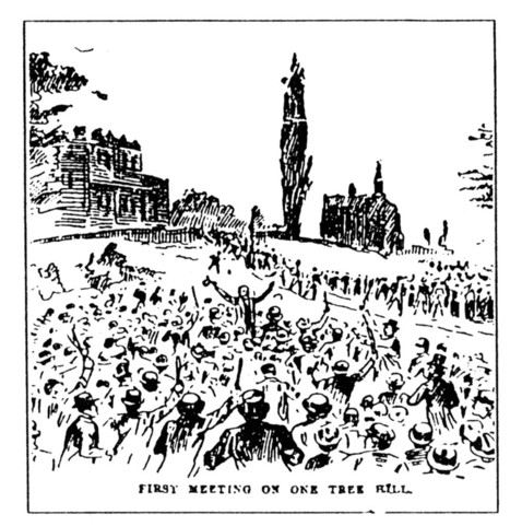 Line drawing of man addressing a huge crowd on one tree hill