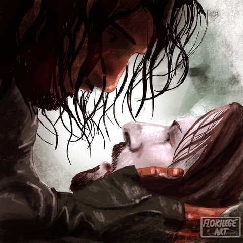 Digital painting study of the scene of Boromir's death, with Aragorn leaning over a dying Boromir, holding his head.
