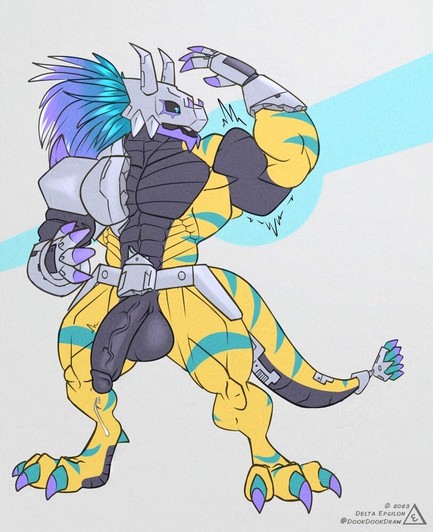NSFW furry art of the character Dipsomon looking at himself. Dipsomon is an original digimon character that, in this form, is an anthropomorphic yellow reptile with a significant amount of armor and mechanical plating on his upper body and head. In this picture he is battle scared, with large chunks of armor broken off his chest and arm, revealing a very muscular body underneath. He is flexing one arm curiously and staring at it in some surprise. Armor is broken off around his crotch as well, revealing his half-hard cock.