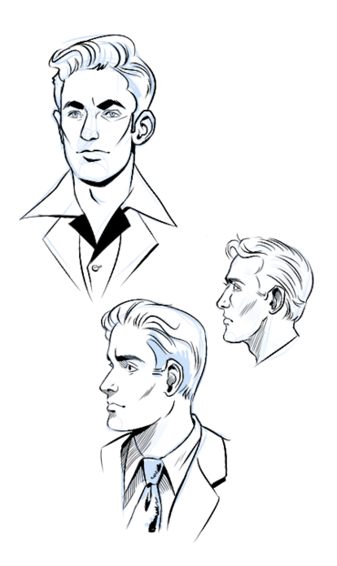 Digital drawing of men in profile and portrait done in a vintage comic book style.