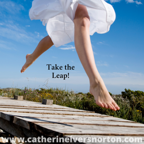 A woman in a white skirt leaps barefoot on a wooden walkway. The caption reads, "Take the leap!"