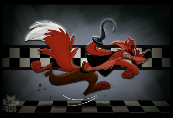 a cartoon illustration of Foxy from Five Night's at Freddy's in a running pose, smiling maniacally