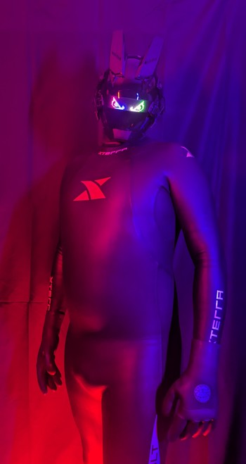 Posing for camera in Xterra wetsuit. Covered head to toe in neoprene