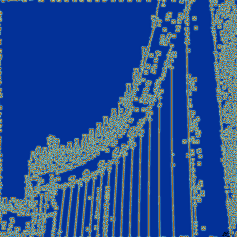 The distinctive shape of the colonnade in front of the Vatican, picked out in wormy squiggles of red and blue over a dark blue background.
Colophon: use the edges detected from a photograph as the seed locations for the reaction-diffusion similation. dA=0.2097, dB=0.105, f=0.046, k=0.063. Gradient="roma".