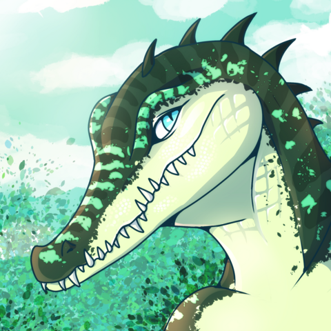 digital art, showing the head of an anthropomorphic crocodile standing in some green nature environment