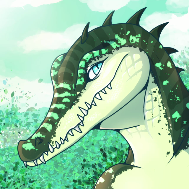 art timelapse of digital art, showing the head of an anthropomorphic crocodile standing in some green nature environment