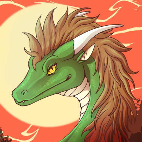 Digitally drawn icon of a maned green dragon at sunset